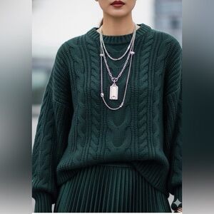 J. Jill Chenille Sweater Womens L Dark Green Cable Knit Pullover Soft Cozy LP